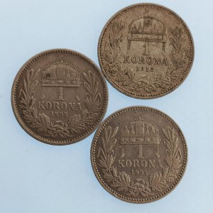 Korunová měna [1892 - 1918] / 1 Koruna 1893, 94, 12, vše KB, Ag, 3 ks