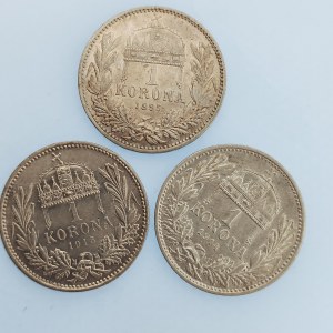 Korunová měna [1892 - 1918] / 1 Koruna 1895, 1914, 15, vše KB, Ag, 3 ks