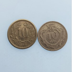 Korunová měna [1892 - 1918] / 10 Haléř 1909 + 1916 nový znak, Ni, 2 ks