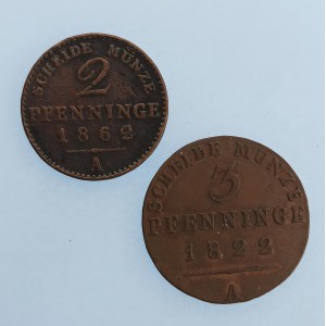 Prusko / 3 Pfennig 1822 A, 2 Pfennig 1862 A, Cu, 2 ks