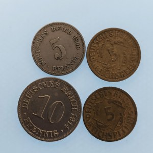Císařství / 10 Pfennig  1914 A, 5 pfennig 1905 A, 5 Rpf 1925 F, 5 Rpf 1926 A, 4 ks