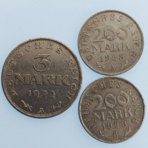 Wýmarská republika [1919 - 1933] / 3 Marka 1922 A, 200 marka 1923 A, G, Al, 3 ks