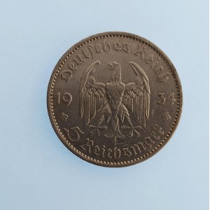 Třetí Říše [1933 - 1945] / 5 Reichsmark 1934 A, kostel, datum, Ag,