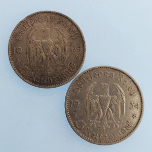 Třetí Říše [1933 - 1945] / 5 Reichsmark 1934 D, F, kostel, datum, Ag, 2 ks