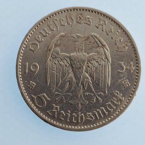 Třetí Říše [1933 - 1945] / 5 Reichsmark 1934 E, kostel, datum, Ag,