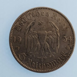 Třetí Říše [1933 - 1945] / 5 Reichsmark 1934 J, kostel, datum, Ag,