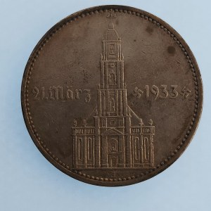 Třetí Říše [1933 - 1945] / 5 Reichsmark 1934 J, kostel, datum, Ag,