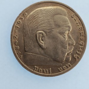 Třetí Říše [1933 - 1945] / 5 Reichsmark 1938 J, Hindemburg, svast., patina, RL, Ag,