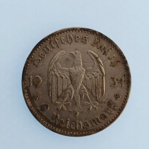 Třetí Říše [1933 - 1945] / 2 Reichsmark 1934 A, datum, kostel, Ag,