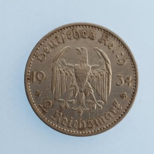 Třetí Říše [1933 - 1945] / 2 Reichsmark 1934 E, datum, kostel, Ag,