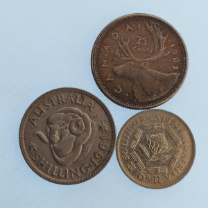 Austrálie / 1 Shilling 1961, Kanada 25 Cent 1963, South Africa 6 Pence 1950, vše Ag, Ag, 3 ks
