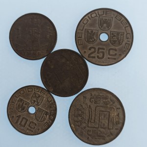 Belgie / 25 Cent 1942, 10 Cent 1942, 5 Frank 1941, 1 Frank 1942, 46, Zn, 5 ks