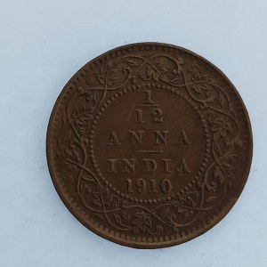 Britská Indie / 1/12 Anna (1 Pie) 1910, KM# 498, dr. rys,, patina, Cu,