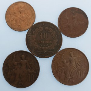 Francie / 10 Centimes 1897, 1906, 1917, 5 Centimes 1912, 1916, Cu, 5 ks
