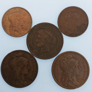 Francie / 10 Centimes 1897, 1906, 1917, 5 Centimes 1912, 1916, Cu, 5 ks
