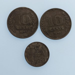 Holandsko / 10 Cent 1942, 43, 1 Cent 1942, Zn, 3 ks