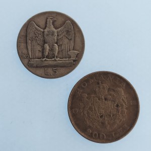 Itálie / 5 Lira 1929 R, Rumunsko 200 Lei 1942, Ag, 2 ks