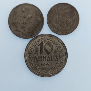 Srbsko / 10 Dinár 1943 0/0, 2 Dinár 1942 1/1, 1 Dinár 1942 1/1, Zn, 3 ks