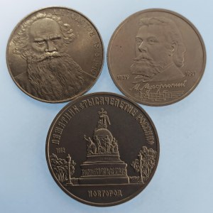 SSSR / 1 Rubl 1988 Tolstoj, 1989 Musorgskij, 5 Rubl 1989 Novgorod, rysky, dr. hry, CuNi, 3 ks