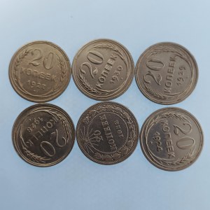 SSSR / 20 kopějka 1923, 24, 27, 28, 29, 30, Ag, 6 ks