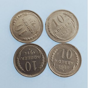 SSSR / 10 kopějek 1924, 1925, 1928, 1930 hr., Ag, 4 ks