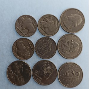USA / 5 Cents Buffalo 1919, 20, 36, 5 Cents 2007, Quarter dollar 1990P, 2008D, 02D (2x), 05P, CuNi...