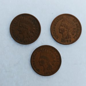 USA / 1 Cent 1893, 1900, 07, vše Indián, Cu, 3 ks