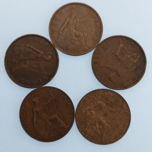 Velká Británie / Jiří V. [1910 - 1936] / 1/2 Penny 1911, 15, 28, 29, 34, Cu, 5 ks