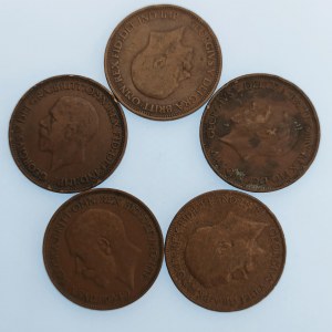 Velká Británie / Jiří V. [1910 - 1936] / 1/2 Penny 1911, 15, 28, 29, 34, Cu, 5 ks