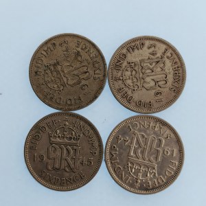 Velká Británie / Jiří VI. [1936 - 1952] / 6 Pence 1942, 43, 44, 45, Ag, 4 ks