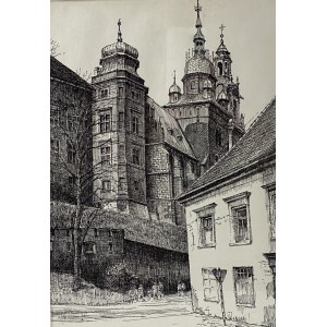 [Wawel] Grafika przedstawiająca Wawel wraz z fragmentem Domu Długosza od strony ul. Kanoniczej