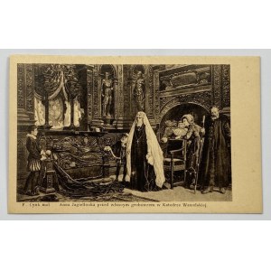 [Karta pocztowa] Cynk Florian, Anna Jagiellonka przed własnym grobowcem w Katedrze Wawelskiej