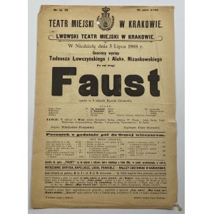 Afisz teatralny, Teatr Miejski w Krakowie, opera „Faust” 5-go lipca 1908 roku