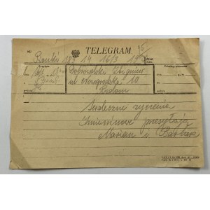 Telegram nadany w Pinkach 16.03. ok. 1960 roku. Serdeczne życzenia imieninowe przesyłają Marian i Barbara