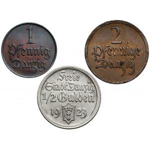 Danzig, 1 und 2 Pfennige 1926-1929 und 1/2 Gulden 1923, Satz (3Stück)