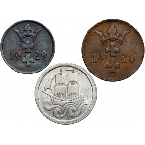 Danzig, 1 und 2 Pfennige 1926-1929 und 1/2 Gulden 1923, Satz (3Stück)