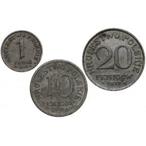 Königreich Polen, 1, 10 und 20 Pfennige 1917-18 (3 Stck.)