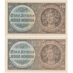 Protektorát Čechy a Morava, 2x 1 koruna (1940) SPECIMEN a v obehu (2ks)