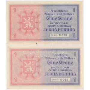 Bohemia and Moravia, 2x 1 Koruna ND (1940) circulated + SPECIMEN (2pcs)
