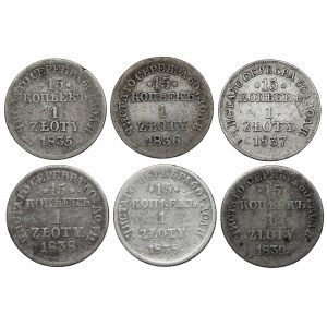 15 kopejok = 1 zlotý 1835-1839 MW a ПГ, sada (6ks)