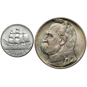 Segelschiff 2 Zloty 1936 und Pilsudski 10 Zloty 1938, Satz (2 Stk.)