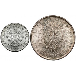 Żaglowiec 2 złote 1936 i Piłsudski 10 złotych 1938, zestaw (2szt)