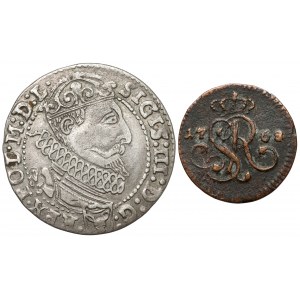 Zikmund III. a Poniatowski, šestipence 1627 a půlpenny 1768 (2 ks)