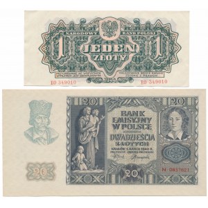 Satz von 20 Zloty 1940 und 1 Zloty 1944 (2 Stück)