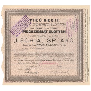LECHIA Sp. Akc., 5x 10 zł 1926 - imienna wystawiona na okaziciela