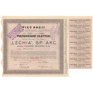 LECHIA Sp. Akc., 5x 10 zł 1926 - imienna wystawiona na okaziciela