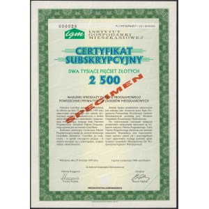 Inštitút bytového hospodárstva, Certifikát o predplatnom, SPECIMEN za 2 500 PLN 1995 add