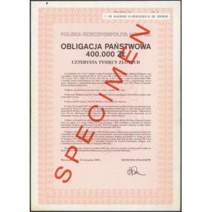 Obligacja Państwowa 400.000 zł 1989 - SPECIMEN