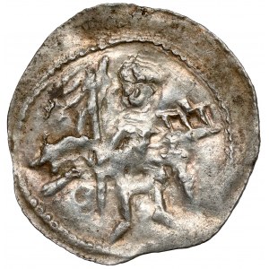 Boleslaw IV the Curly, Denarius - Two behind the table - letters N - E