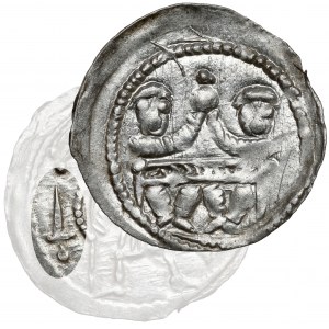 Boleslaw IV the Curly, Denarius - Two behind the table - MIRACLE and inverted S